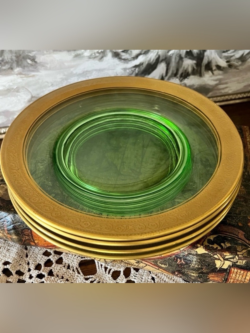 Set of 4 Tiffin Franciscan Green Uranium Glass Plates Gold Encrusted Rim